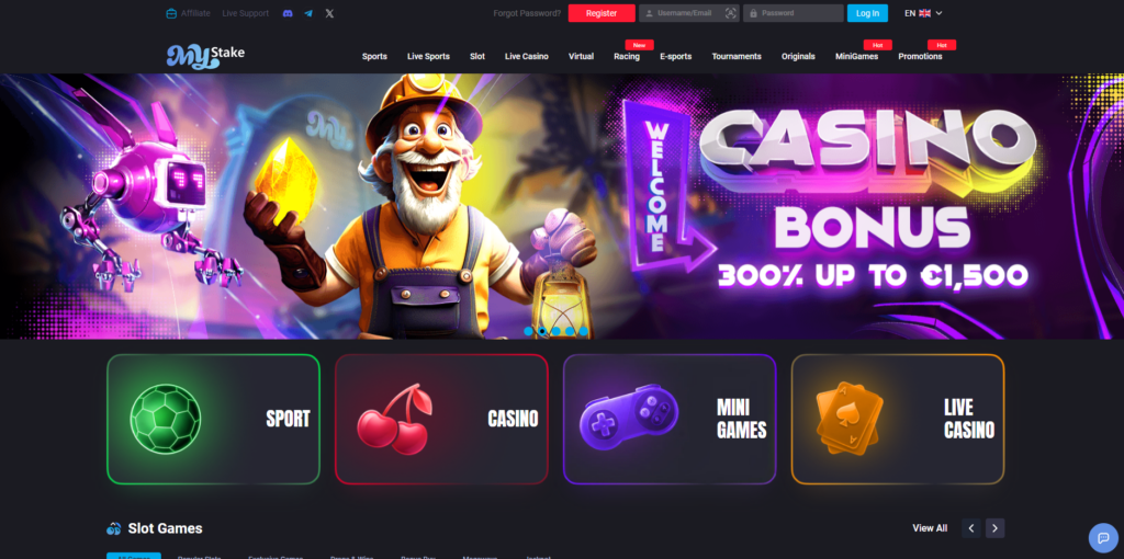 MyStake offshore casino homepage showing game lobby and navigation