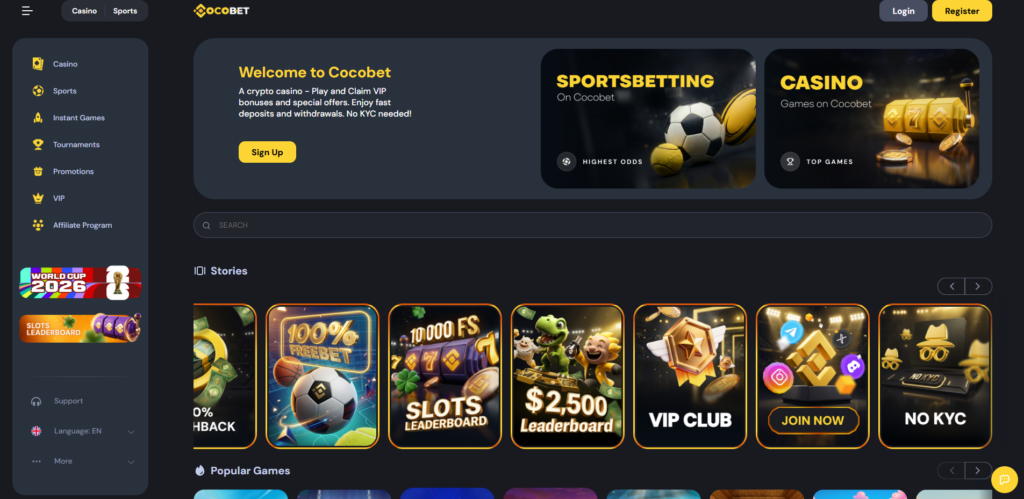 CocoBet crypto casino homepage showing welcome offer and game categories