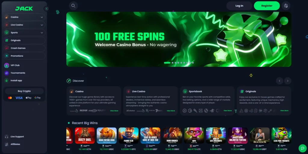 JACK crypto casino homepage showing game lobby and rakeback promotion